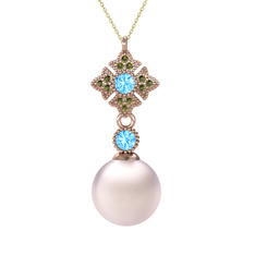 Teimei İnci Kolye - Pembe inci, akuamarin ve peridot 925 ayar rose altın kaplama gümüş kolye (40 cm gümüş rolo zincir) #atmsg2