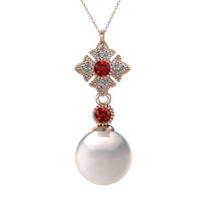 Teimei İnci Kolye - Inci, garnet ve pırlanta 14 ayar rose altın kolye (0.1056 karat, 40 cm rose altın rolo zincir) #b2rx8j