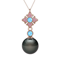 Teimei İnci Kolye - Siyah inci, akuamarin ve pembe kuvars 14 ayar rose altın kolye (40 cm gümüş rolo zincir) #b3rnw6