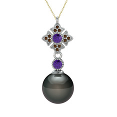 Siyah inci, ametist ve dumanlı kuvars 14 ayar beyaz altın kolye (40 cm gümüş rolo zincir)