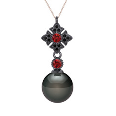 Teimei İnci Kolye - Siyah inci, garnet ve siyah zirkon 925 ayar siyah rodyum kaplama gümüş kolye (40 cm rose altın rolo zincir) #bdvtml