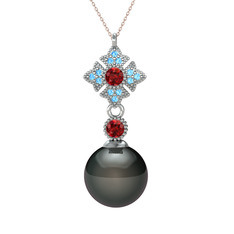 Siyah inci, garnet ve akuamarin 14 ayar beyaz altın kolye (40 cm rose altın rolo zincir)