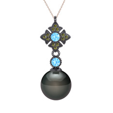 Teimei İnci Kolye - Siyah inci, akuamarin ve peridot 925 ayar siyah rodyum kaplama gümüş kolye (40 cm gümüş rolo zincir) #cuufsa