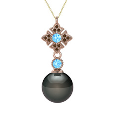Teimei İnci Kolye - Siyah inci, akuamarin ve dumanlı kuvars 8 ayar rose altın kolye (40 cm altın rolo zincir) #cvrxo6
