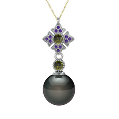 Teimei İnci Kolye - Siyah inci, peridot ve ametist 8 ayar beyaz altın kolye (40 cm gümüş rolo zincir) #dh78x4