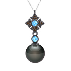 Teimei İnci Kolye - Siyah inci, akuamarin ve dumanlı kuvars 925 ayar siyah rodyum kaplama gümüş kolye (40 cm gümüş rolo zincir) #dn5z3h