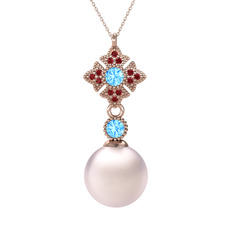 Teimei İnci Kolye - Pembe inci, akuamarin ve garnet 925 ayar rose altın kaplama gümüş kolye (40 cm rose altın rolo zincir) #dx4f76