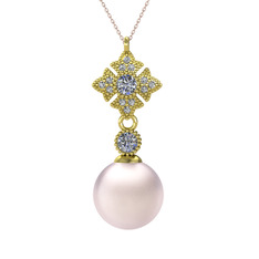 Pembe inci, pırlanta ve beyaz zirkon 925 ayar altın kaplama gümüş kolye (0.22 karat, 40 cm rose altın rolo zincir)
