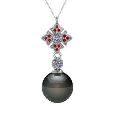 Teimei İnci Kolye - Siyah inci, pırlanta ve garnet 14 ayar beyaz altın kolye (0.22 karat, 40 cm beyaz altın rolo zincir) #e5rvyt
