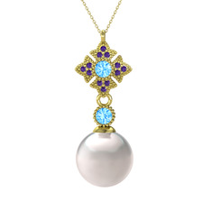 Inci, akuamarin ve ametist 925 ayar altın kaplama gümüş kolye (40 cm gümüş rolo zincir)