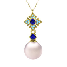 Pembe inci, lab safir ve akuamarin 925 ayar altın kaplama gümüş kolye (40 cm altın rolo zincir)