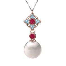 Teimei İnci Kolye - Inci, rodolit garnet ve akuamarin 14 ayar rose altın kolye (40 cm gümüş rolo zincir) #ebsf9f