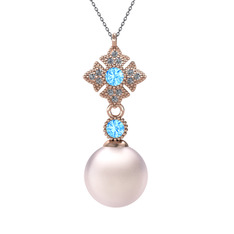 Pembe inci, akuamarin ve pırlanta 8 ayar rose altın kolye (0.1056 karat, 40 cm gümüş rolo zincir)
