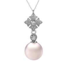 Pembe inci ve beyaz zirkon 14 ayar beyaz altın kolye (40 cm beyaz altın rolo zincir)