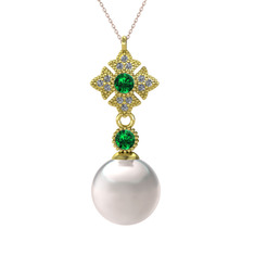 Teimei İnci Kolye - Inci, yeşil kuvars ve pırlanta 14 ayar altın kolye (0.1056 karat, 40 cm rose altın rolo zincir) #ez5uqa
