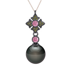 Teimei İnci Kolye - Siyah inci, pembe kuvars ve peridot 925 ayar siyah rodyum kaplama gümüş kolye (40 cm gümüş rolo zincir) #f6uw0j