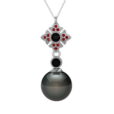 Teimei İnci Kolye - Siyah inci, siyah zirkon ve garnet 8 ayar beyaz altın kolye (40 cm beyaz altın rolo zincir) #fqywfi