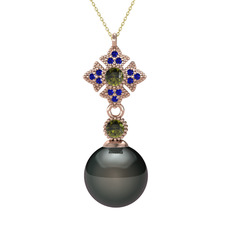 Siyah inci, peridot ve lab safir 925 ayar rose altın kaplama gümüş kolye (40 cm gümüş rolo zincir)