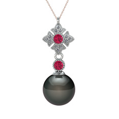 Teimei İnci Kolye - Siyah inci, rodolit garnet ve pırlanta 8 ayar beyaz altın kolye (0.1056 karat, 40 cm rose altın rolo zincir) #g3ub20