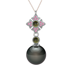 Teimei İnci Kolye - Siyah inci, peridot ve pembe kuvars 8 ayar beyaz altın kolye (40 cm rose altın rolo zincir) #gtqdqk