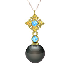 Teimei İnci Kolye - Siyah inci, akuamarin ve sitrin 14 ayar altın kolye (40 cm gümüş rolo zincir) #h862ro