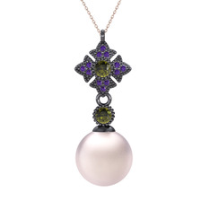 Teimei İnci Kolye - Pembe inci, peridot ve ametist 925 ayar siyah rodyum kaplama gümüş kolye (40 cm rose altın rolo zincir) #h97jpb