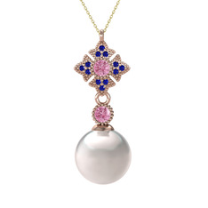 Teimei İnci Kolye - Inci, pembe kuvars ve lab safir 8 ayar rose altın kolye (40 cm altın rolo zincir) #hwxfxb