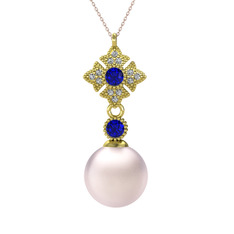 Pembe inci, lab safir ve beyaz zirkon 14 ayar altın kolye (40 cm gümüş rolo zincir)