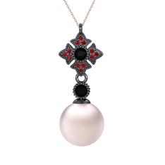 Pembe inci, siyah zirkon ve garnet 925 ayar siyah rodyum kaplama gümüş kolye (40 cm rose altın rolo zincir)