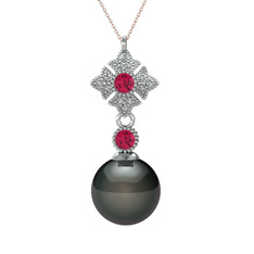 Siyah inci, rodolit garnet ve beyaz zirkon 14 ayar beyaz altın kolye (40 cm rose altın rolo zincir)