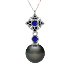 Siyah inci, lab safir ve siyah zirkon 14 ayar beyaz altın kolye (40 cm rose altın rolo zincir)