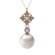 Teimei İnci Kolye - Inci, beyaz zirkon ve peridot 14 ayar rose altın kolye (40 cm altın rolo zincir) #io6lia
