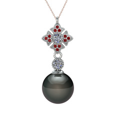 Teimei İnci Kolye - Siyah inci, pırlanta ve garnet 14 ayar beyaz altın kolye (0.22 karat, 40 cm rose altın rolo zincir) #ivujur