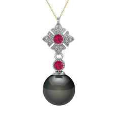 Teimei İnci Kolye - Siyah inci, rodolit garnet ve beyaz zirkon 8 ayar beyaz altın kolye (40 cm altın rolo zincir) #ixhha