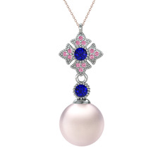 Teimei İnci Kolye - Pembe inci, lab safir ve pembe kuvars 14 ayar beyaz altın kolye (40 cm rose altın rolo zincir) #jd2whn