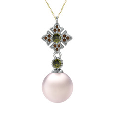 Teimei İnci Kolye - Pembe inci, peridot ve dumanlı kuvars 8 ayar beyaz altın kolye (40 cm gümüş rolo zincir) #jgoo83