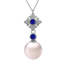 Teimei İnci Kolye - Pembe inci, lab safir ve beyaz zirkon 925 ayar gümüş kolye (40 cm gümüş rolo zincir) #jk05ri