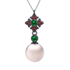 Pembe inci, yeşil kuvars ve garnet 925 ayar siyah rodyum kaplama gümüş kolye (40 cm gümüş rolo zincir)