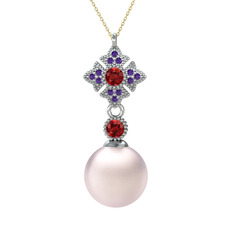 Pembe inci, garnet ve ametist 14 ayar beyaz altın kolye (40 cm altın rolo zincir)