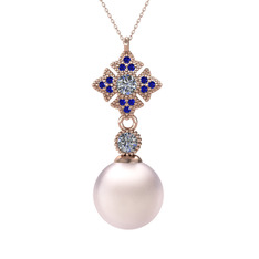 Pembe inci, pırlanta ve lab safir 925 ayar rose altın kaplama gümüş kolye (0.22 karat, 40 cm gümüş rolo zincir)