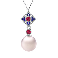 Pembe inci, rodolit garnet ve lab safir 8 ayar beyaz altın kolye (40 cm gümüş rolo zincir)