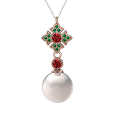Teimei İnci Kolye - Inci, garnet ve yeşil kuvars 8 ayar rose altın kolye (40 cm gümüş rolo zincir) #k21194