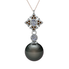 Teimei İnci Kolye - Siyah inci, pırlanta ve dumanlı kuvars 8 ayar beyaz altın kolye (0.22 karat, 40 cm rose altın rolo zincir) #k7l1hn