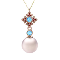 Pembe inci, akuamarin ve garnet 925 ayar rose altın kaplama gümüş kolye (40 cm gümüş rolo zincir)
