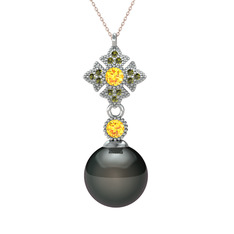 Teimei İnci Kolye - Siyah inci, sitrin ve peridot 8 ayar beyaz altın kolye (40 cm rose altın rolo zincir) #kjup0f