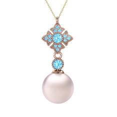 Teimei İnci Kolye - Pembe inci ve akuamarin 925 ayar rose altın kaplama gümüş kolye (40 cm altın rolo zincir) #l0yw8v