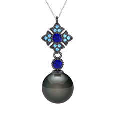 Teimei İnci Kolye - Siyah inci, lab safir ve akuamarin 925 ayar siyah rodyum kaplama gümüş kolye (40 cm gümüş rolo zincir) #l7g7on