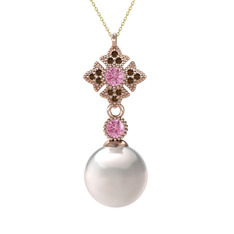 Teimei İnci Kolye - Inci, pembe kuvars ve dumanlı kuvars 8 ayar rose altın kolye (40 cm altın rolo zincir) #l8k2sq