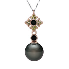 Teimei İnci Kolye - Siyah inci, siyah zirkon ve peridot 14 ayar rose altın kolye (40 cm gümüş rolo zincir) #la5ddw