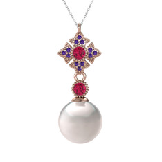 Teimei İnci Kolye - Inci, rodolit garnet ve ametist 925 ayar rose altın kaplama gümüş kolye (40 cm beyaz altın rolo zincir) #ldvzj